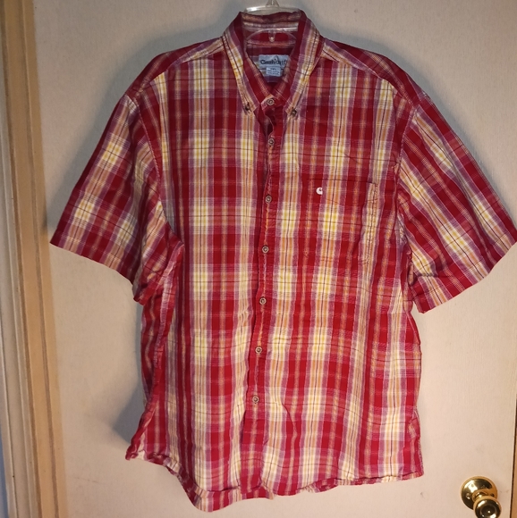 Carhartt Short Sleeve Button Down Shirt Red Yellow White Blue Check Men's 2XL - Picture 2 of 5